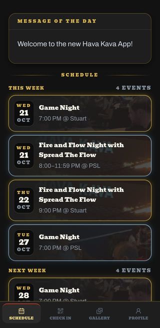 The Hava Kava app's schedule screen, listing this week's nights at Stuart and Port St. Lucie